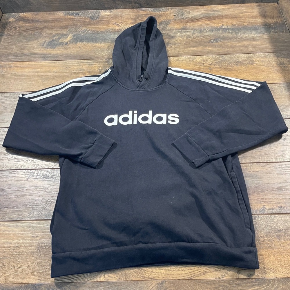 Adidas Essentials Mens Black White Linear Logo Fleece Pullover Hoodie Large Cozy